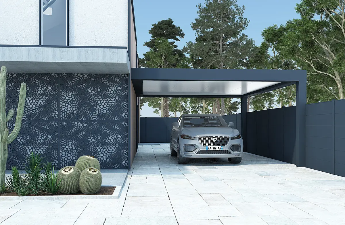 Carport autoportant aluminium Conor avec clôture - protection véhicules