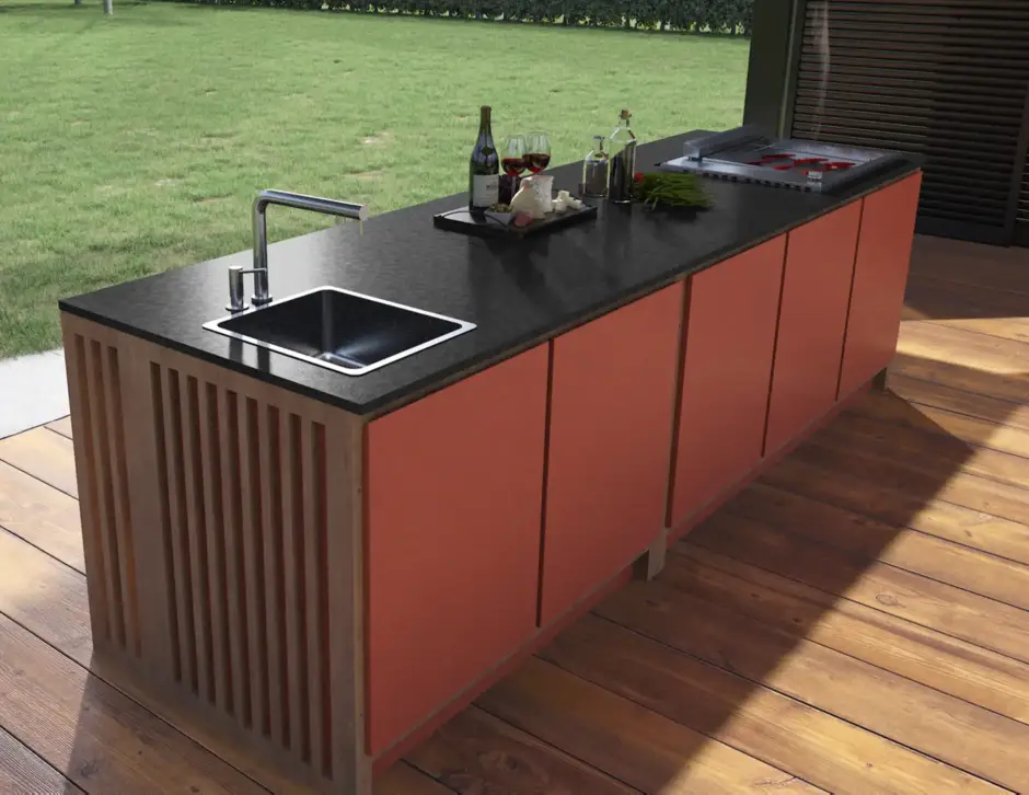 cuisine Kanel avec évier, plancha revêtemenent Terracotta, plan de travail Noir