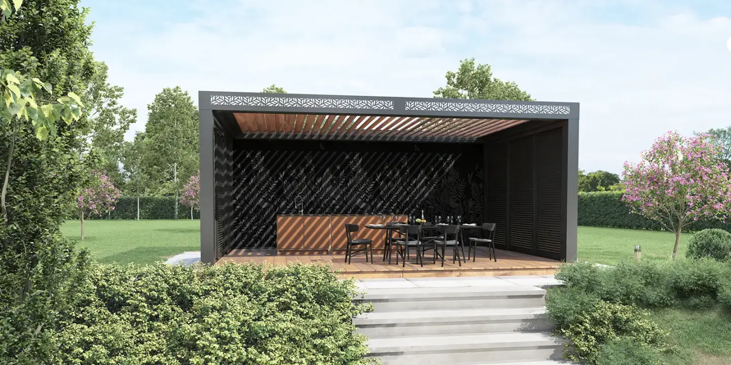 Pergola autoportante lames aluminium Poppy avec cuisine extérieure - espace de vie