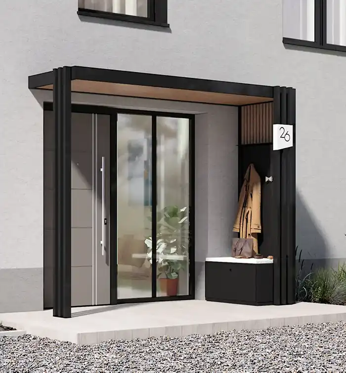 porche entre aluminium toenn kostum 2100 porte manteau banc pot de fleur 3 poteaux toit tasseaux